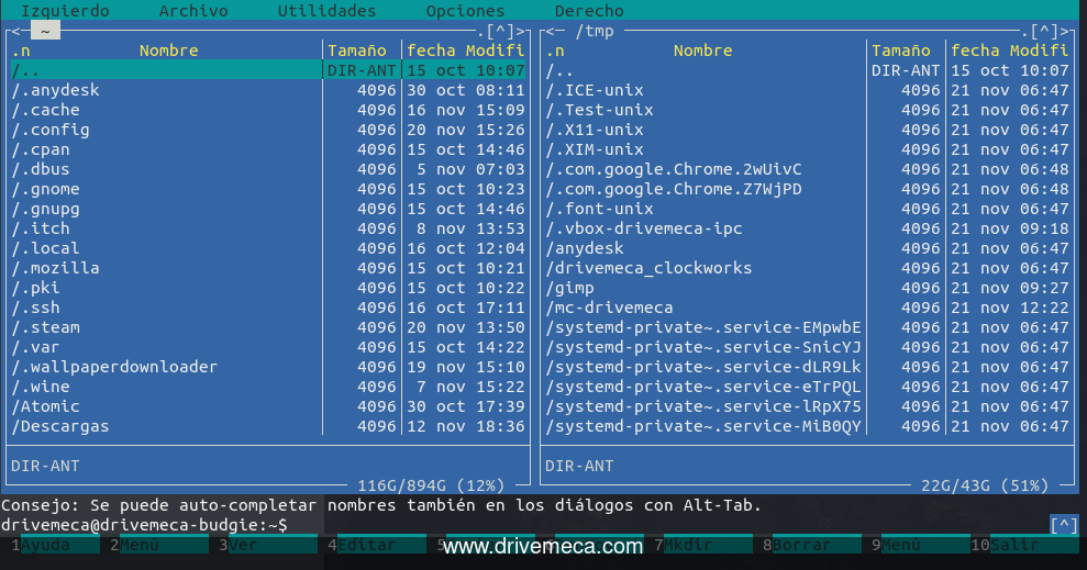 Usando mc en terminal Linux