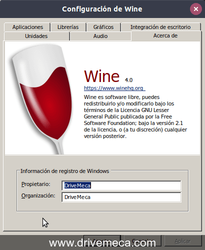 winecfg ejecutándose en Ubuntu Linux